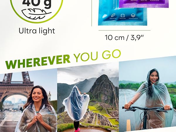 Ultra-light rain poncho weighing 40g, measuring 10cm/3.9". Features compact packaging and versatile use, shown in travel scenarios including Eiffel Tower, Machu Picchu, and cycling in rain.
