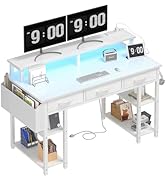 Lufeiya White Computer Desk with Fabric Drawers, 47 Inch Home Office Desk with Monitor Stand Shel...