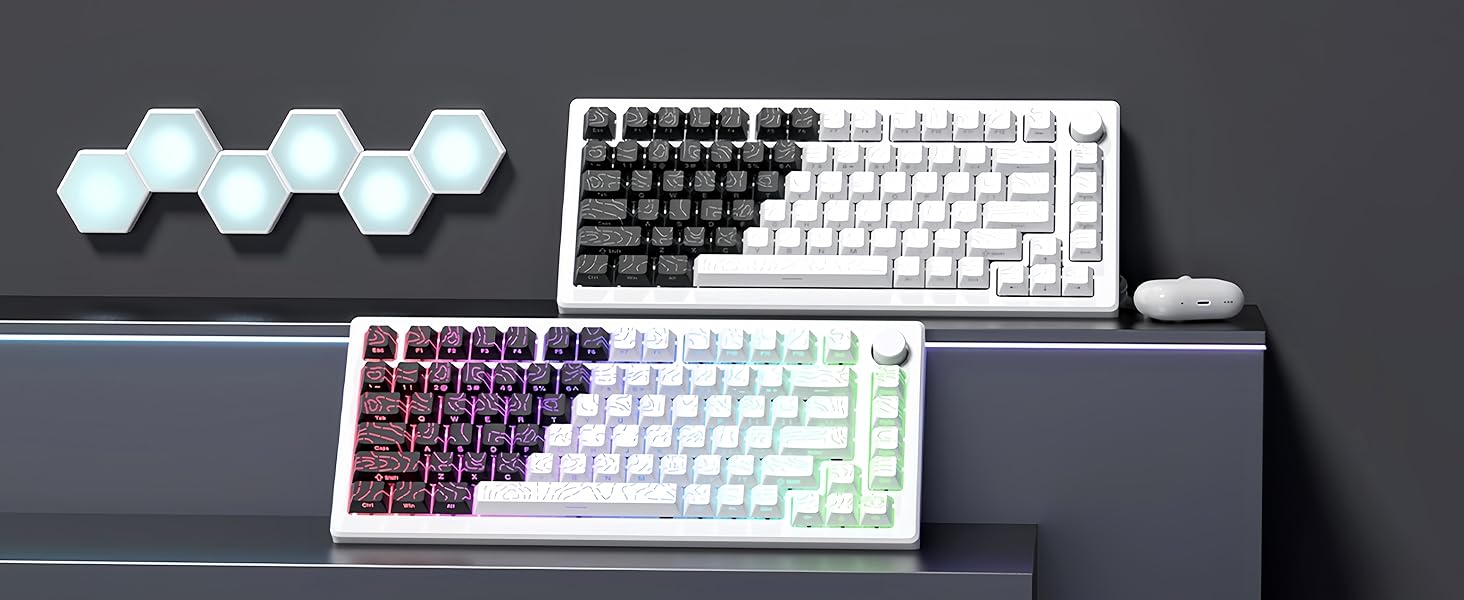 Double Shot PBT keycaps for Mechanical Keyboard,Black/White Topographic,Shine Through keycaps