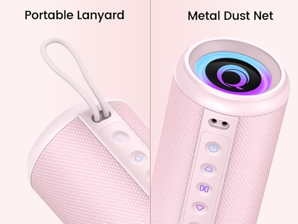 Text reads "Portable Lanyard" and "Metal Dust Net". Pink portable speaker with lanyard attachment and pink metal dust net with blue circular design and control buttons displayed side-by-side.
