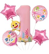 PartyWoo Baby Shark Pink Foil Number 1 Balloon 5pcs 40 18 Inch Pink Round Star Mylar Helium Birth...
