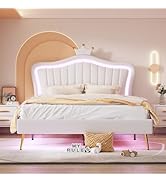 HXERY Queen Size Upholstered Bed Frame with LED Lights,Modern Upholstered Princess Bed with Crown...