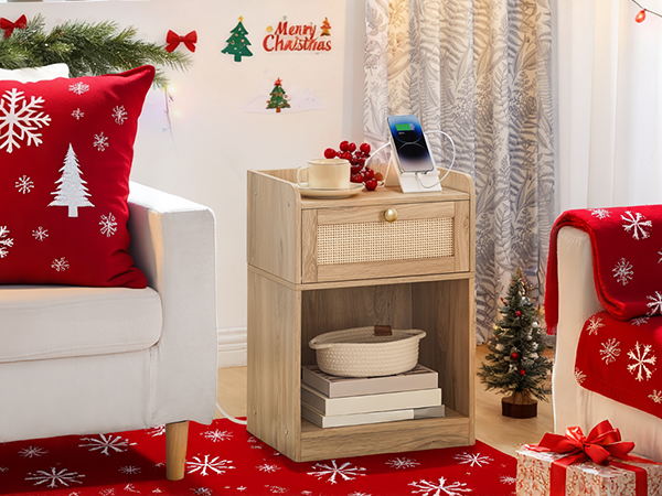 Nightstand with Charging Station, Side Table with Rattan-Style Drawer and Storage Shelf