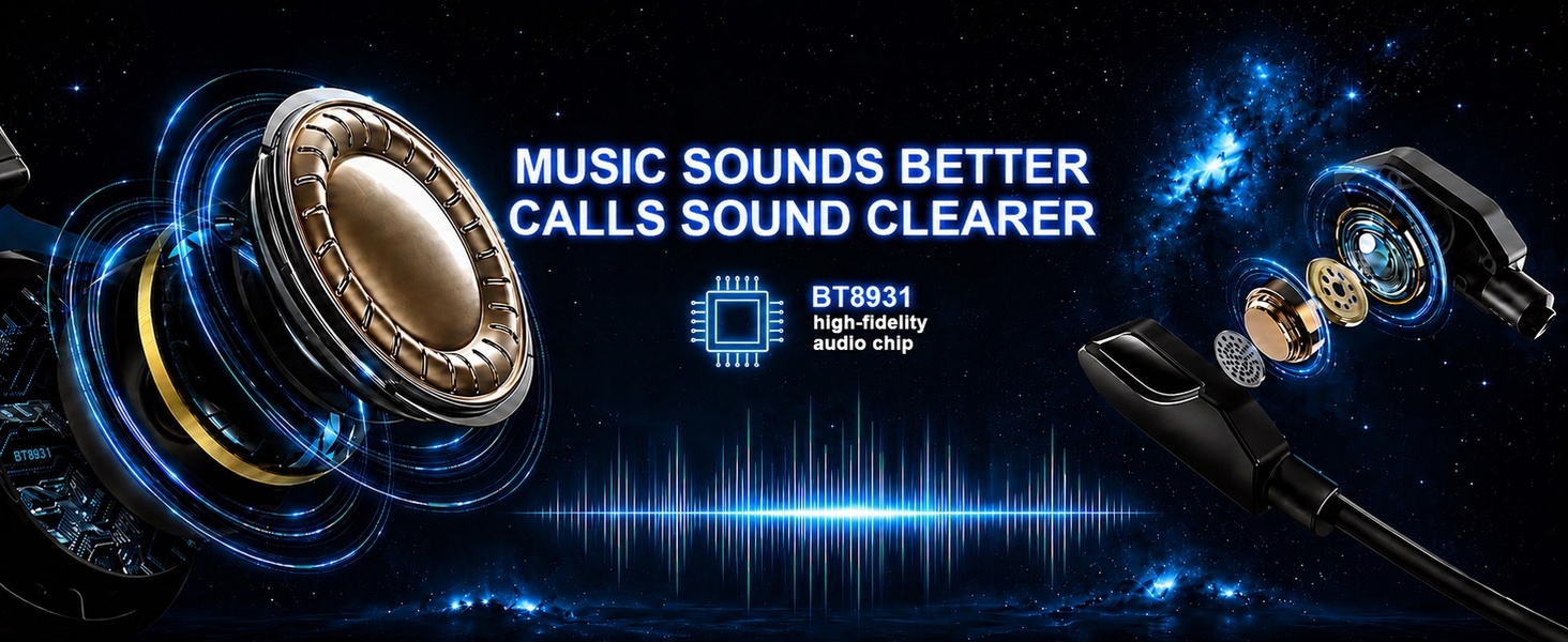 Text reads "MUSIC SOUNDS BETTER CALLS SOUND CLEARER" with speaker icon and audio waveform graphic. Blue glowing speaker component with sound visualization technology imagery displayed on dark background.