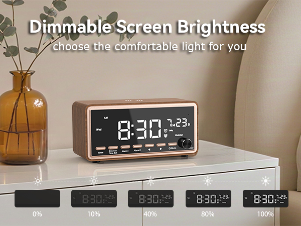 alarm clock with Large Clear Display, 0% to 100% Adjustable Dimmer