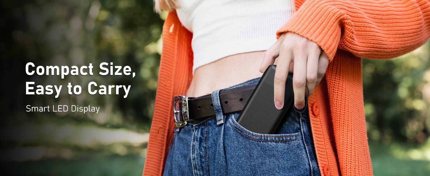 Compact size, easy to slip into a pocket Portable Charger with Built in Cable