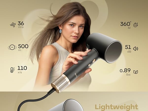woman using NeatToo hair dryer with digital display and airflow icons