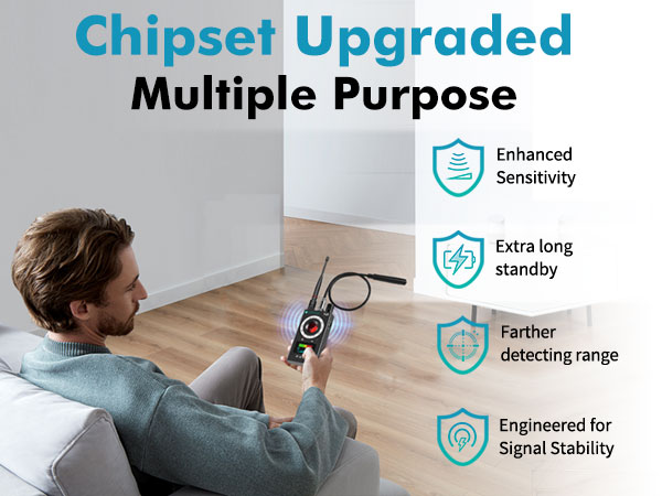 Text reads: 'Chipset Upgraded Multiple Purpose' with icons showing 'Enhanced Sensitivity', 'Extra long standby', 'Farther detecting range', 'Engineered for Signal Stability'. Person sitting on couch using handheld device.