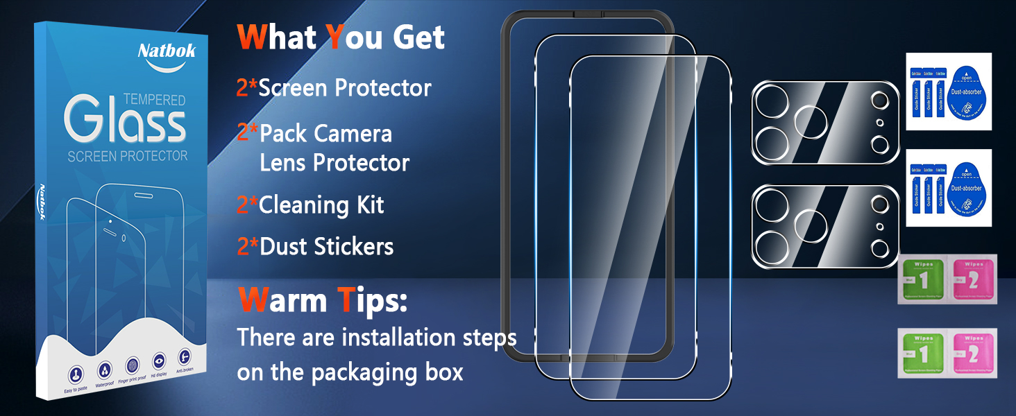 Text reads 'Glass' 'What you Get' 'Screen Protector' 'Lens Protector' 'Installation steps on the packaging box'. Package displays tempered glass protectors, cleaning supplies, and colored instruction icons.