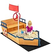 HONEY JOY Pirate Ship Kids Sandbox, Wooden Bottomless Sand Boat with Liner, Sand Pit w/Realistic ...