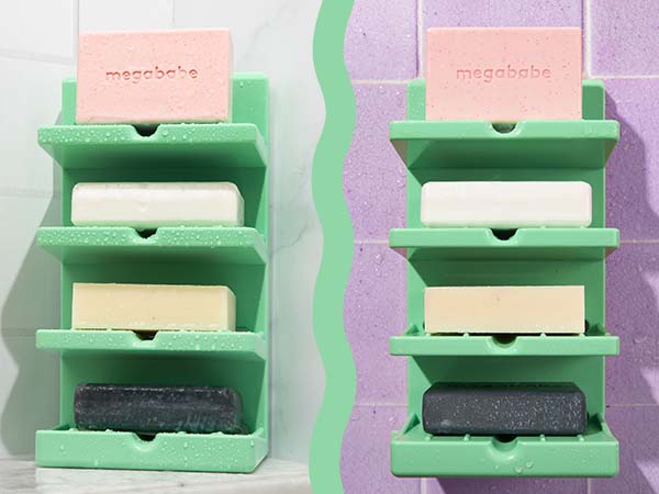Bar soap tower stuck on wall and sitting on shower shelf.