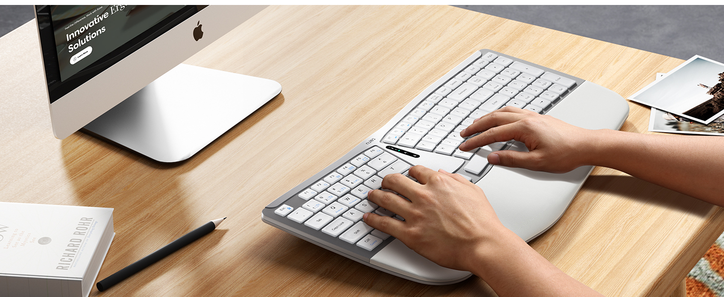 Type more naturally with a full-size curved, split keyframe that improves typing posture.