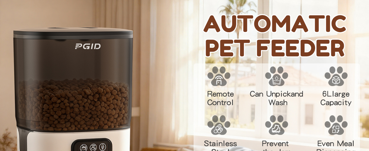 PGID Smart pet feeder: remote control, large capacity, anti-jam, and stainless steel bowl.