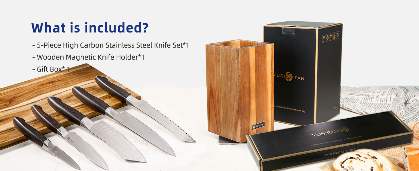 kitchen knife set with a wooden magnetic knife holder