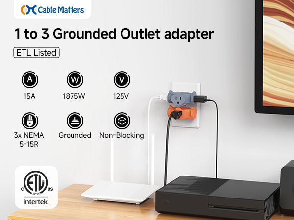 3 Way Plug Adapter 15A 1875W, 3 Prong 3 Outlet Adapter