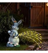 Foyucool Solar Garden Decor Watering Bunny Statues Outdoor, Outdoor Sculpture Figurine Statue Lig...