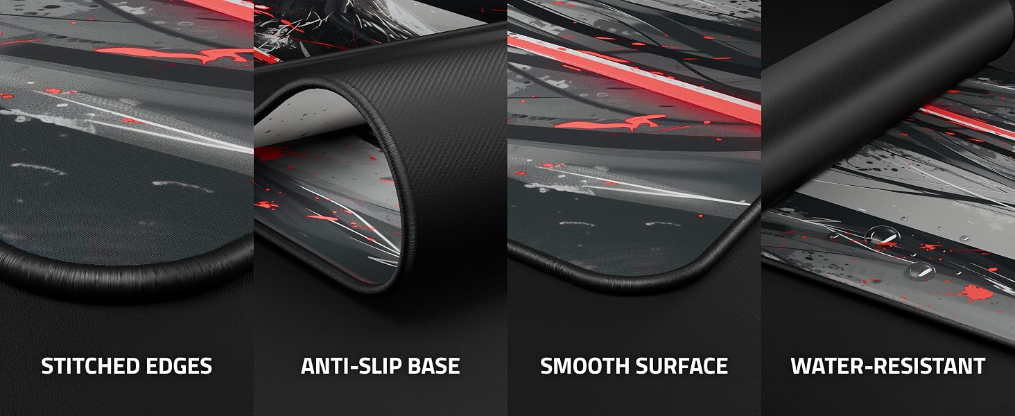 Text reads 'STITCHED CORES ANTI-SLIP BASE SMOOTH SURFACE WATER RESISTANT'. Product displays black neoprene or rubber mat material with detailed close-ups highlighting stitched edges, textured base, and smooth top surface.