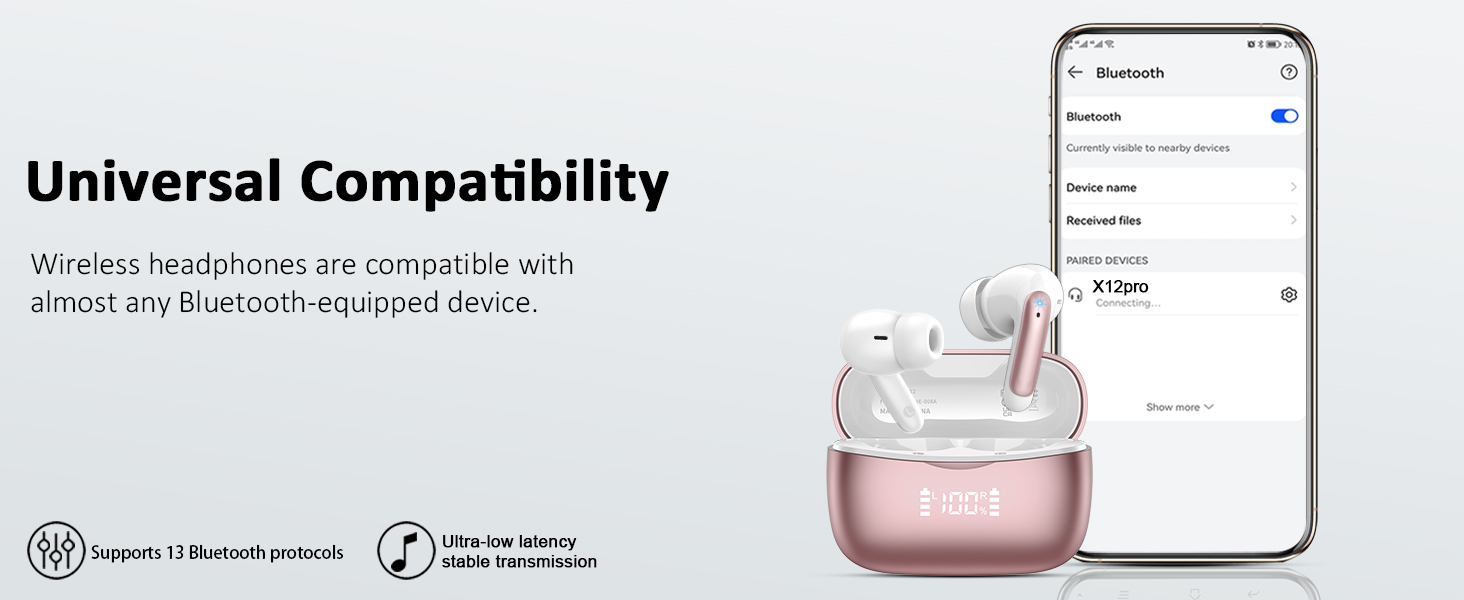 Wireless earbuds in rose gold charging case next to smartphone displaying Bluetooth connectivity interface.