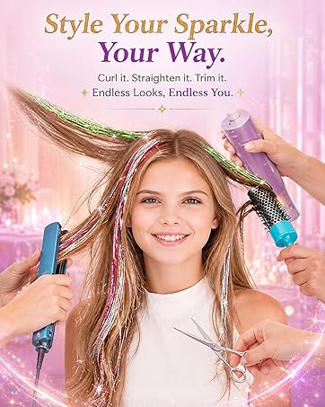 hair tinsel clip in, curl? straighten?trim, style your sparkle