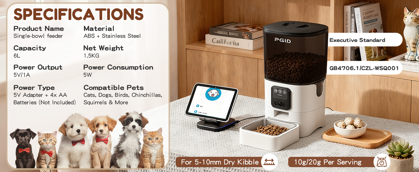 Specifications table for a Single-bowl pet feeder.