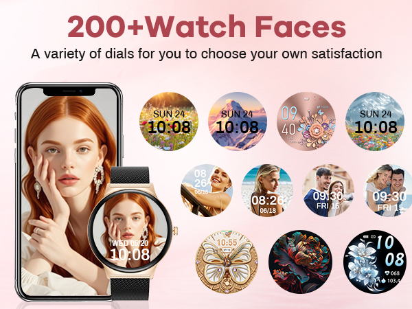 Smartwatch interface showcase displaying '200+ Watch Faces' with multiple decorative circular watch face designs featuring floral, nature, and artistic themes.