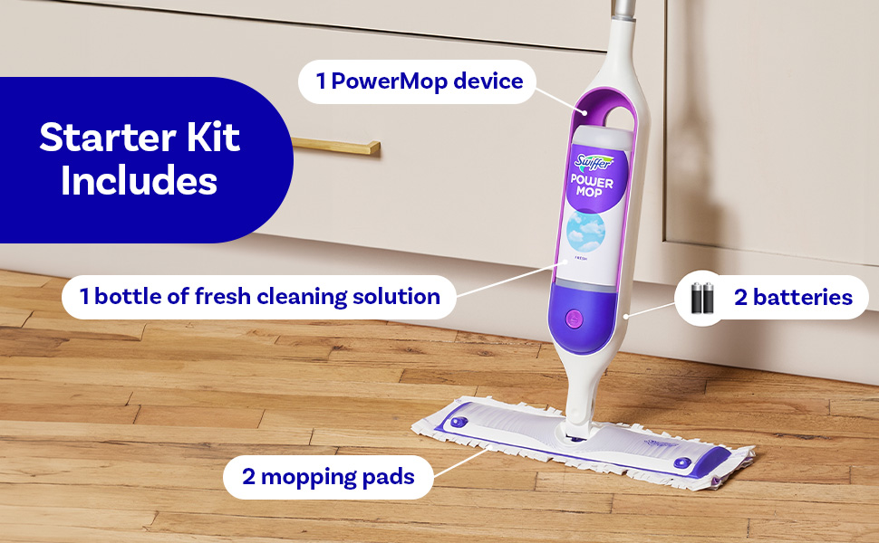 PowerMop starter kit includes 1 device 1 bottle of floor cleaning liquid 2 pads and 2 batteries