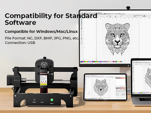 Text shows: 'Compatibility for Standard Software', 'Compatible for Windows/Mac/Linux', 'File Format: NC, DXF, BMP, JPG, PNG, etc', 'Connection: USB'. Shows digital design software with animal illustration.