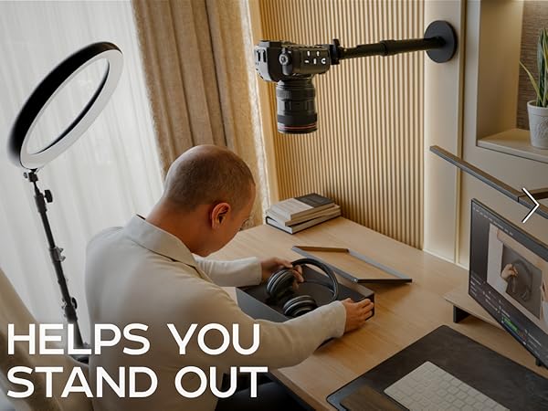 HELPS YOU STAND OUT; wall arm holds camera for overhead desk filming.