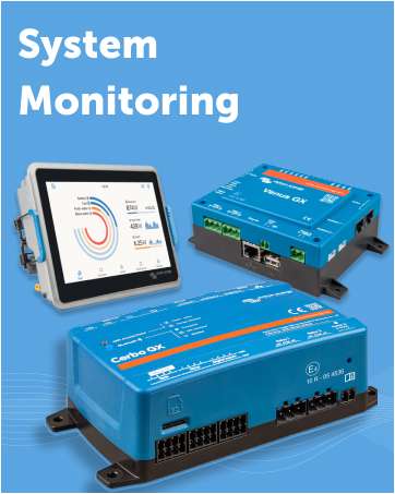 System monitoring devices with blue casings. A tablet displays circular graph, while two box-shaped units have multiple ports and connections.