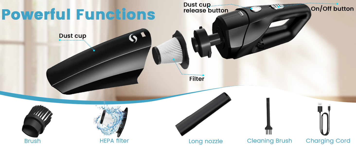 Handheld vacuum cleaner components: dust cup, filter, on/off button, brush, nozzle, and charging cord. Features include dust cup release button and powerful suction for wet and dry cleaning.