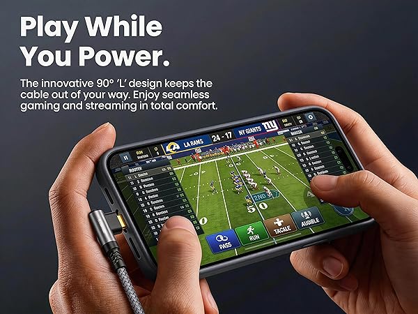 90° L-Shape design, play while charging, case friendly, Type-C connector.