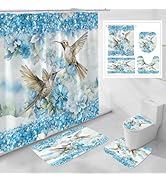 Litabel 4 Pcs Blue Hummingbird Flower Shower Curtain Set with Rugs - Rustic Floral Bathroom Decor...