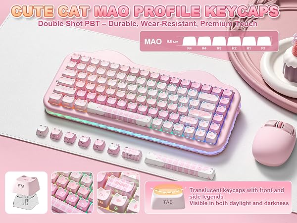 Text reads "CUTE CAT MAO PROFILE KEYCAPS" and "Double Shot PBT - Durable, Wear-resistant, Premium". Pink and white gradient mechanical keyboard with matching mouse, USB cable, and interchangeable keycap sets displayed.