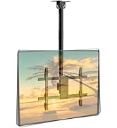 Black ceiling TV mount with adjustable vertical pole and mounting bracket designed for flat-screen displays, shown against a beach sunset background demonstration image.