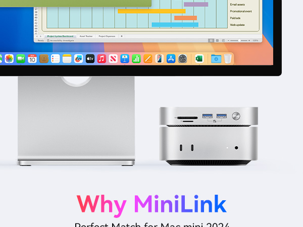 Compact silver Mac mini computer with MiniLink text overlay showing ports and connections on a minimalist display setup.