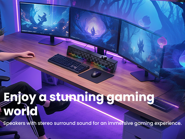 Text reads: 'Enjoy a stunning gaming world' and 'Speakers with stereo surround sound for an immersive gaming experience.' Gaming setup with three monitors displaying fantasy scenes with purple-blue lighting.