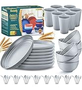 Wheat Straw Dinnerware Sets,56-Piece Plates and Bowls Sets for 8-Unbreakable,Reusable Plastic Dis...