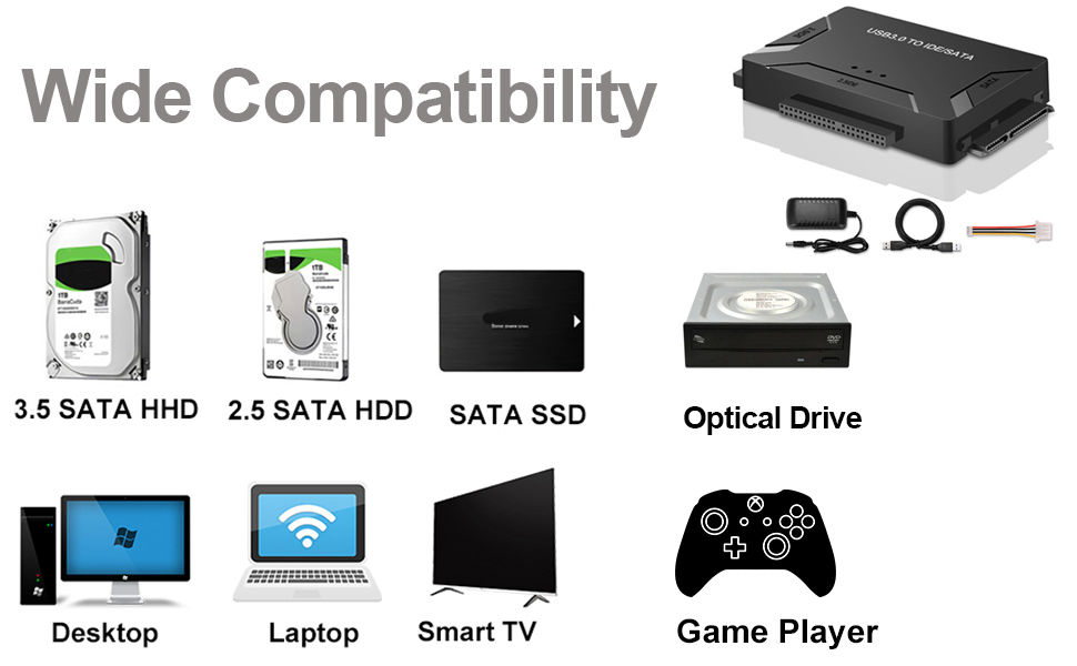 Supported Drives: 2.5&amp;#34;/3.5&amp;#34; SATA HDD/SSD; 2.5&amp;#34;/3.5&amp;#34; IDE HDD; DVD-ROM, CD-ROM, CD-RW, DVD-RW, DVD+RW