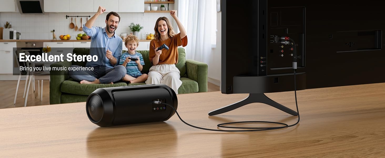 Text reads 'Excellent Stereo'. Image shows black portable speaker on wooden floor with stand visible in background.