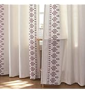 Joydeco Burgundy Red Embroidered Curtains 63 Inch Long 2 Panel Set, Boho Patterned Linen Drapes f...
