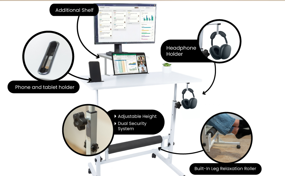 Features Close-Up (Phone Holder, Headphone Hook, Roller, Locking Wheels)