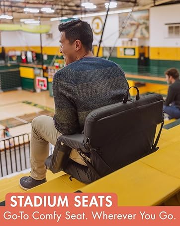 Asiento para estadio acolchado y portátil con soporte lumbar para gradas y eventos deportivos.