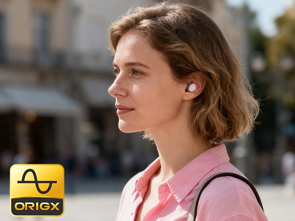 Person wearing TOZO A1 earbuds in everyday outdoor setting with OrigX tuned sound
