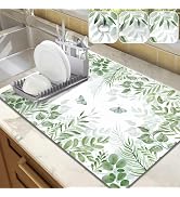 LOKHOM Dish Drying Mat for Kitchen Counter, 18"x24" Absorbent Mat with Green Plant &amp; Butterfly Pa...