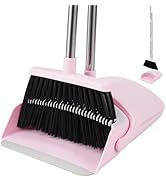 BSKLIN Pink Broom and Dustpan Set, 52” Long Adjustable Handle Broom with Dustpan Combo Set with D...