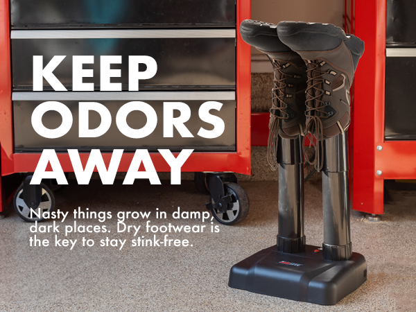 Boot dryers in garage. Text reads 