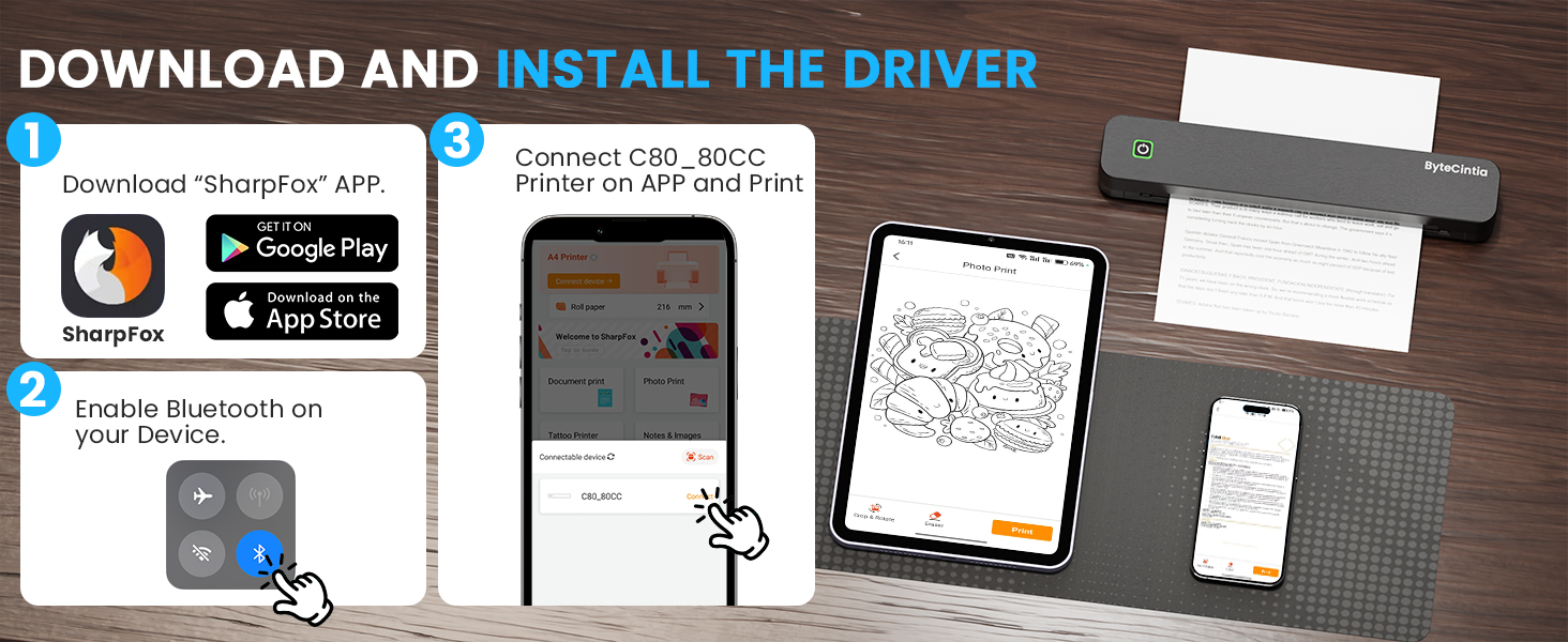 Text reads 'DOWNLOAD AND INSTALL THE DRIVER'. Screenshot showing mobile app store icons and installation instructions on dark wooden surface.