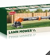 Text reads 'LAWN MOWER' and 'KidziBoom'. Product packaging for a toy lawn mower shown on grass background with orange accents.
