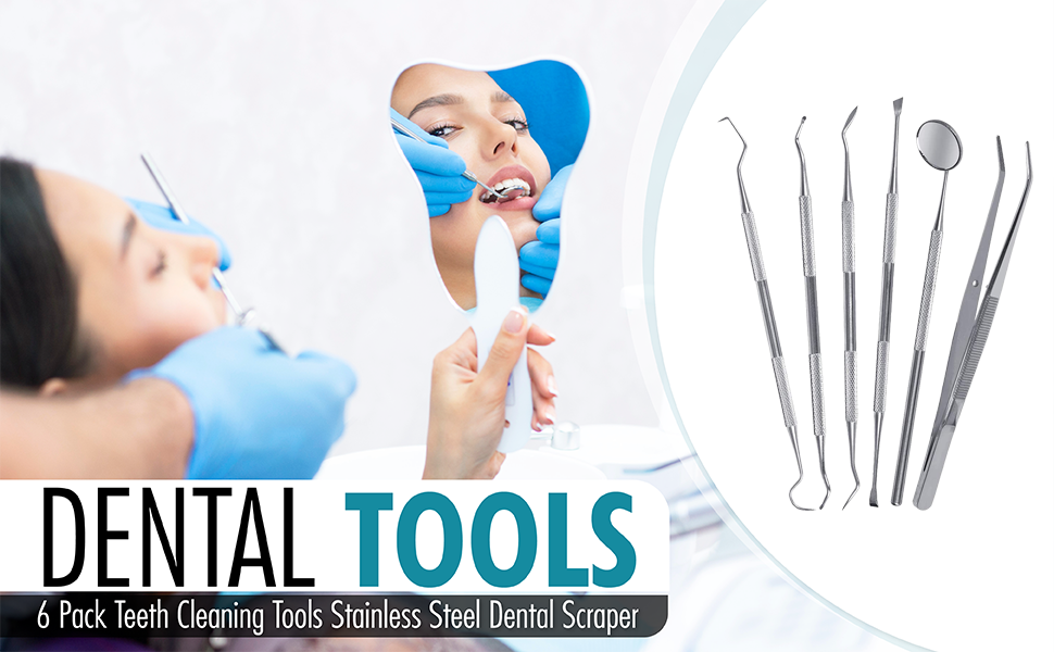 Dental tools kit with mirror, scraper, pick, and tweezers for personal and professional oral hygiene