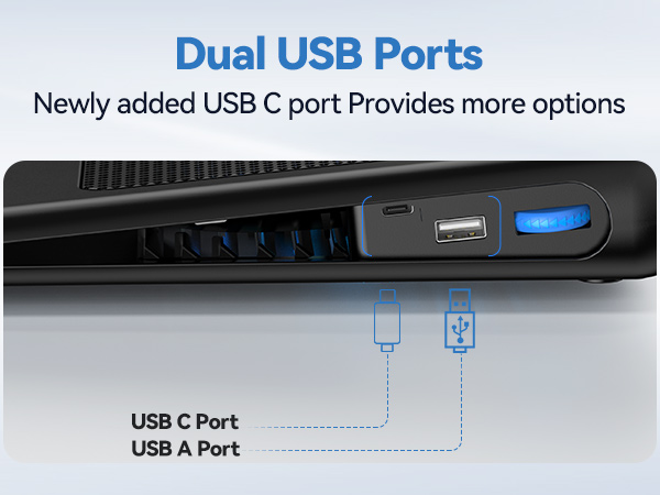Close-up of electronic device with dual USB ports, featuring USB-C and USB-A. Blue text highlights new USB-C port addition for expanded connectivity options.